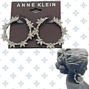 Anne Klein Silver Pave Crystal Flowers Ball Detail Wreath Shaped Hinge Earrings